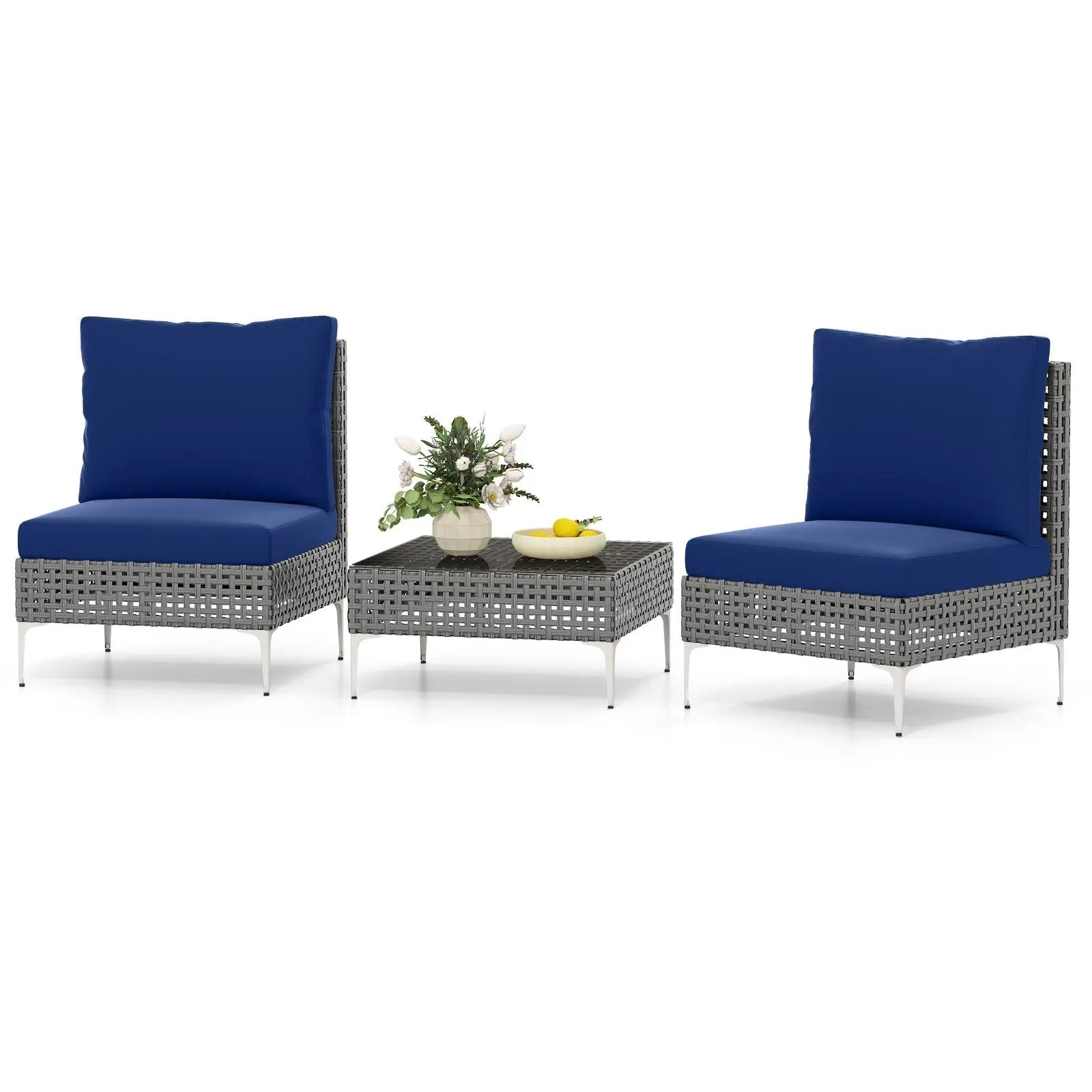 3 Pieces PE Rattan Conversation Chairs with Tempered Glass Coffee Table for Garden Porch-Navy by DirectDeals