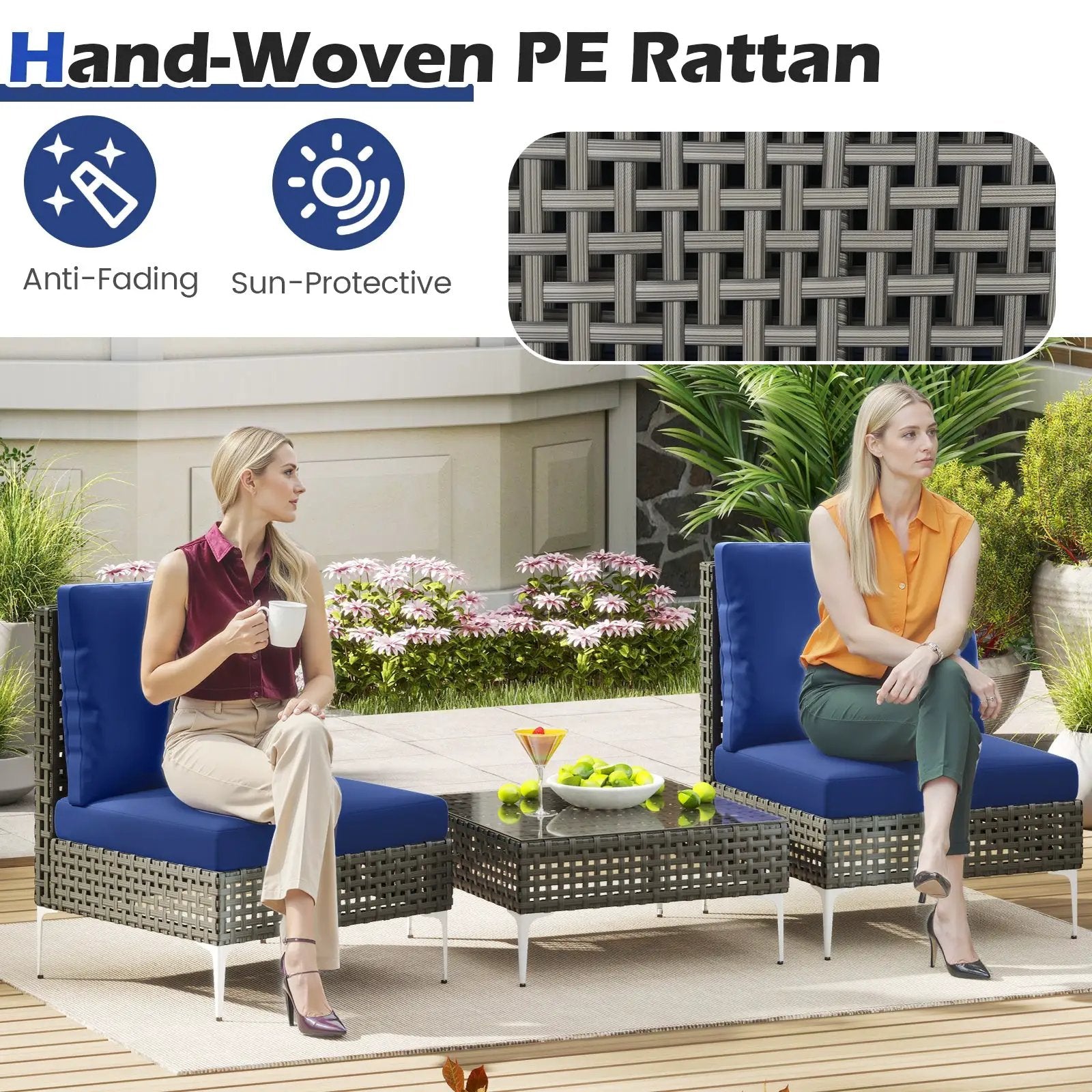 3 Pieces PE Rattan Conversation Chairs with Tempered Glass Coffee Table for Garden Porch-Navy by DirectDeals