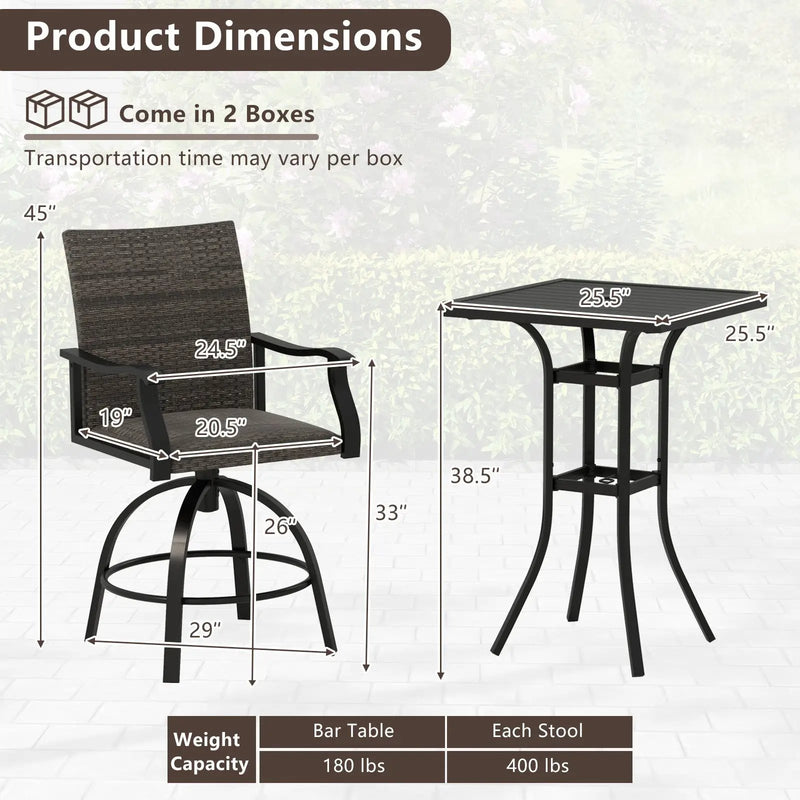 3 Pieces PE Wicker Patio Swivel Bar Set with Quick-Drying Foam-Black by DirectDeals