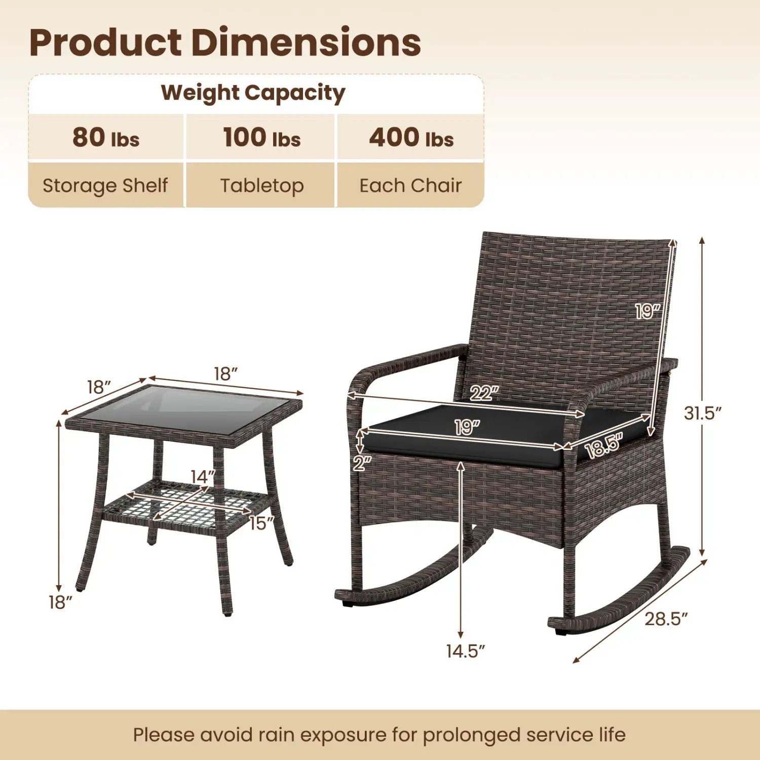 3-Piece Rocking Bistro Set with Cushions & Side Table by DirectDeals