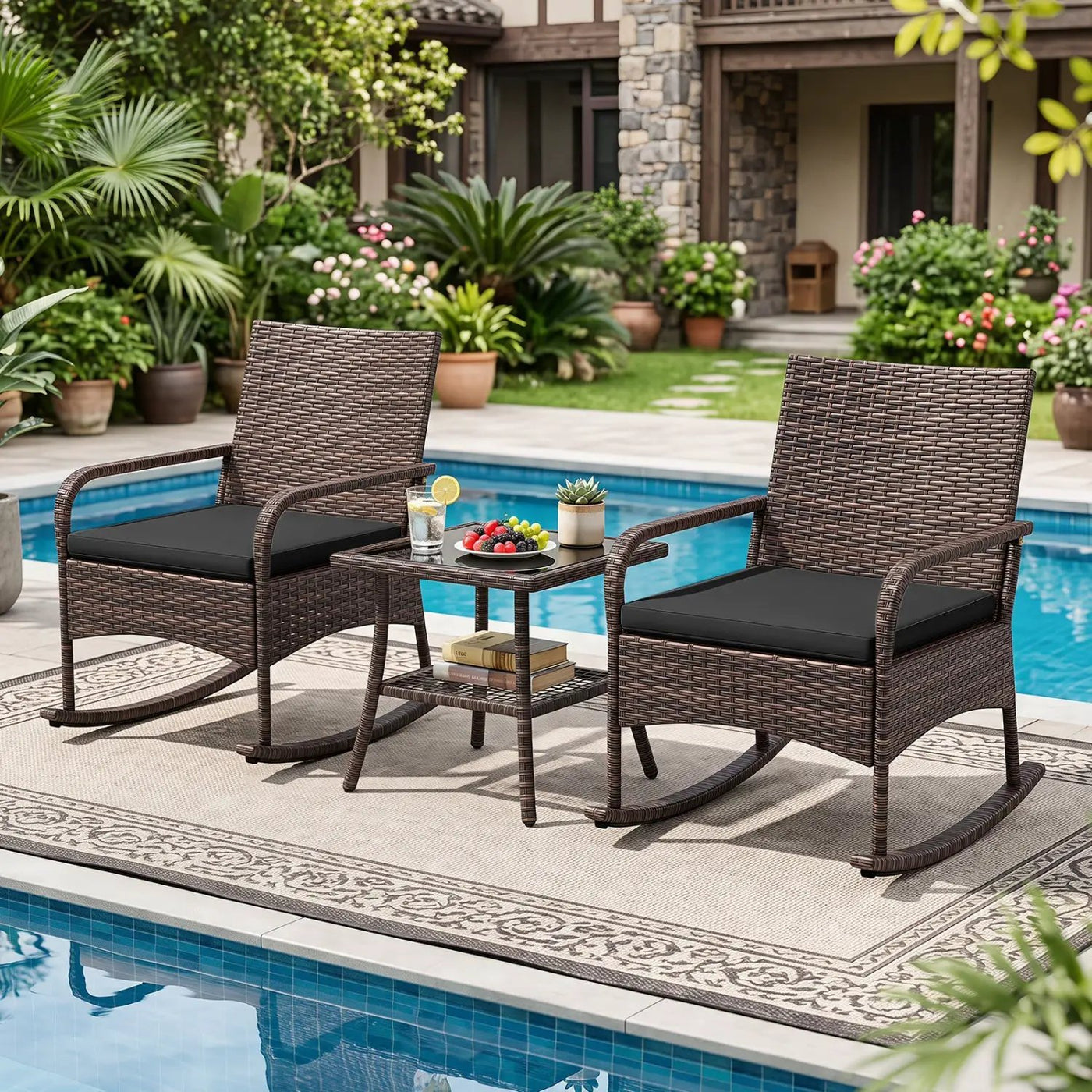 3-Piece Rocking Bistro Set with Cushions & Side Table by DirectDeals