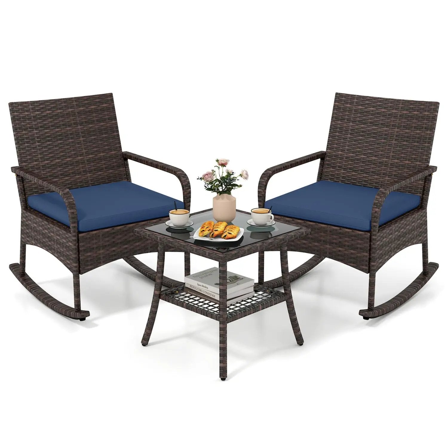 3-Piece Rocking Bistro Set with Cushions & Side Table by DirectDeals
