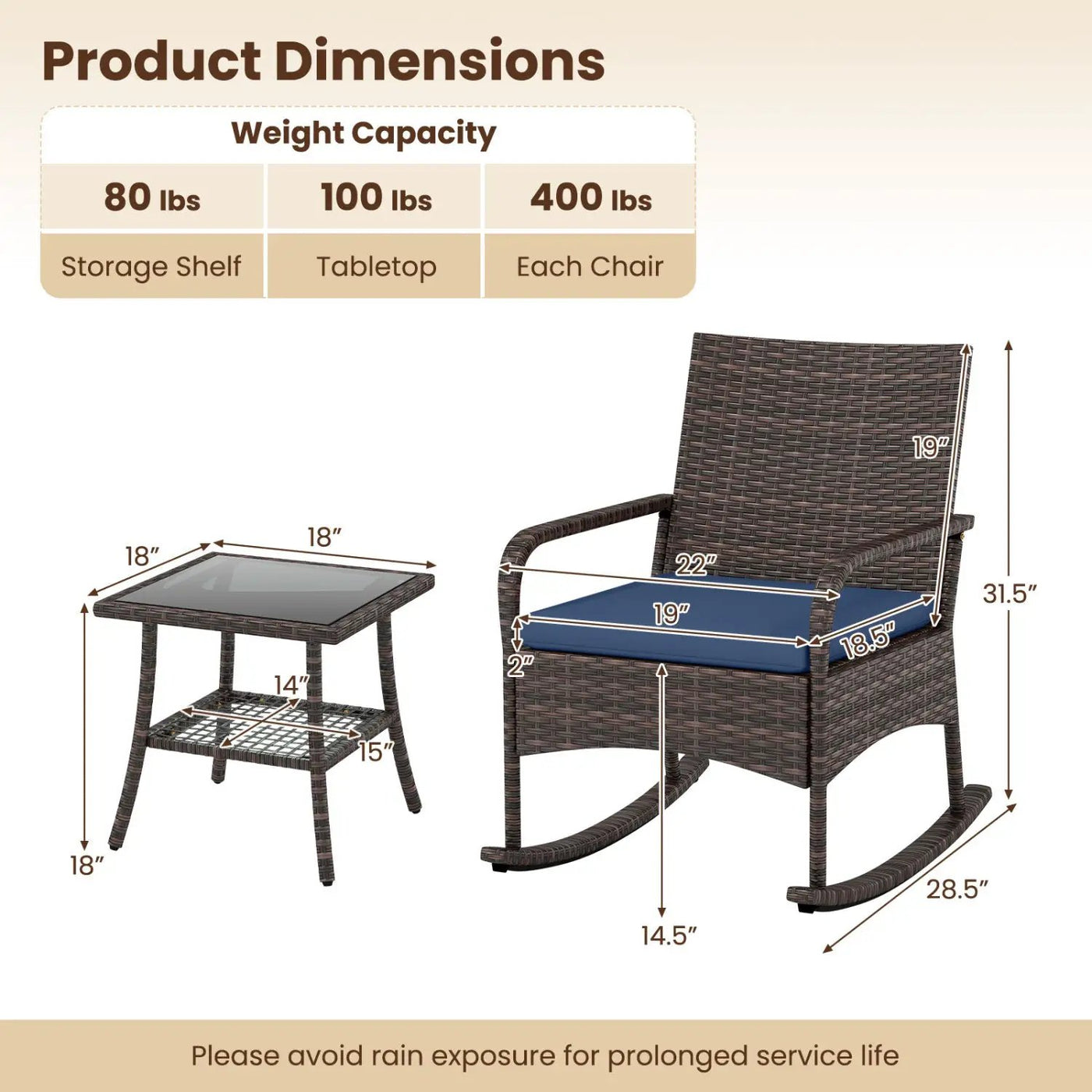 3-Piece Rocking Bistro Set with Cushions & Side Table by DirectDeals