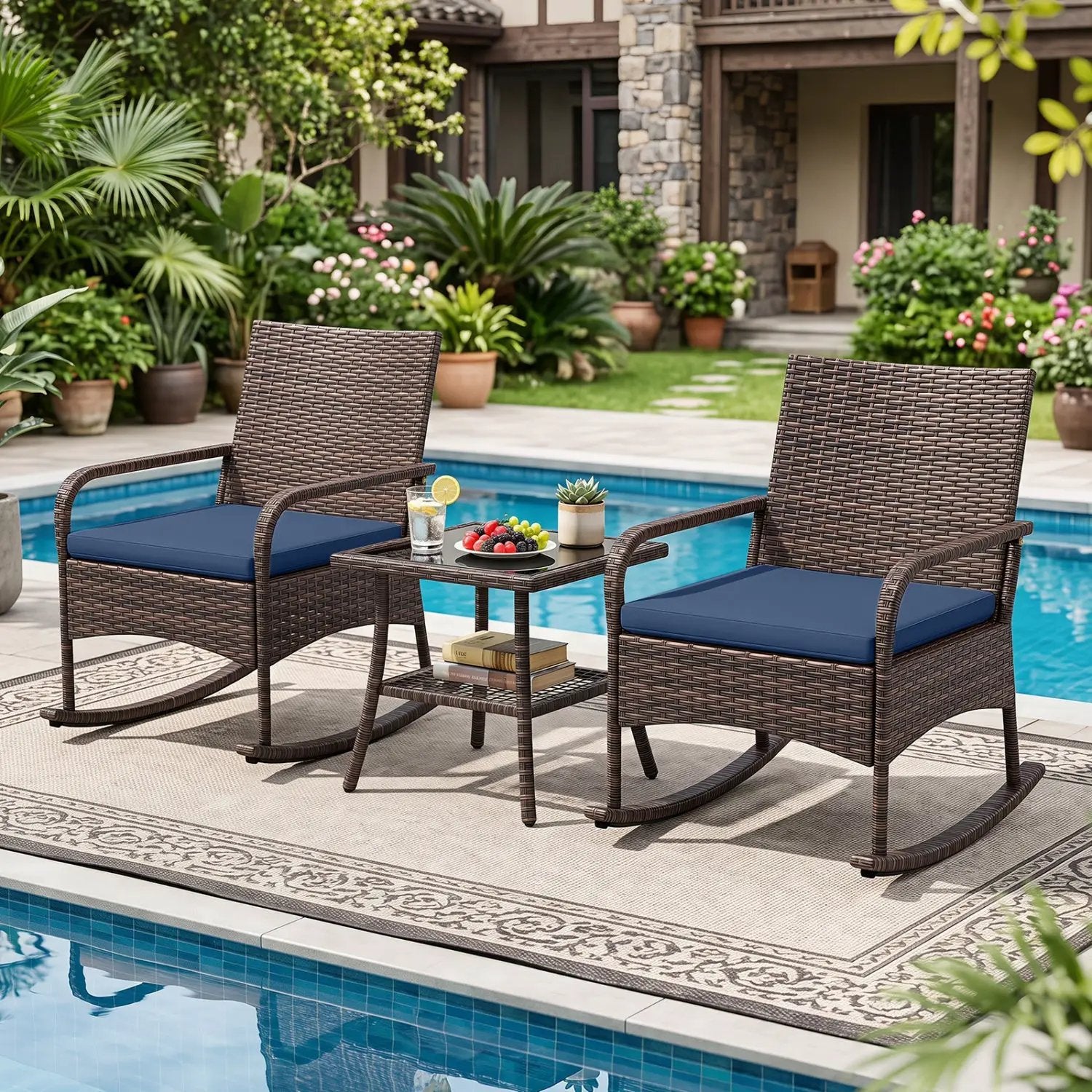 3-Piece Rocking Bistro Set with Cushions & Side Table by DirectDeals