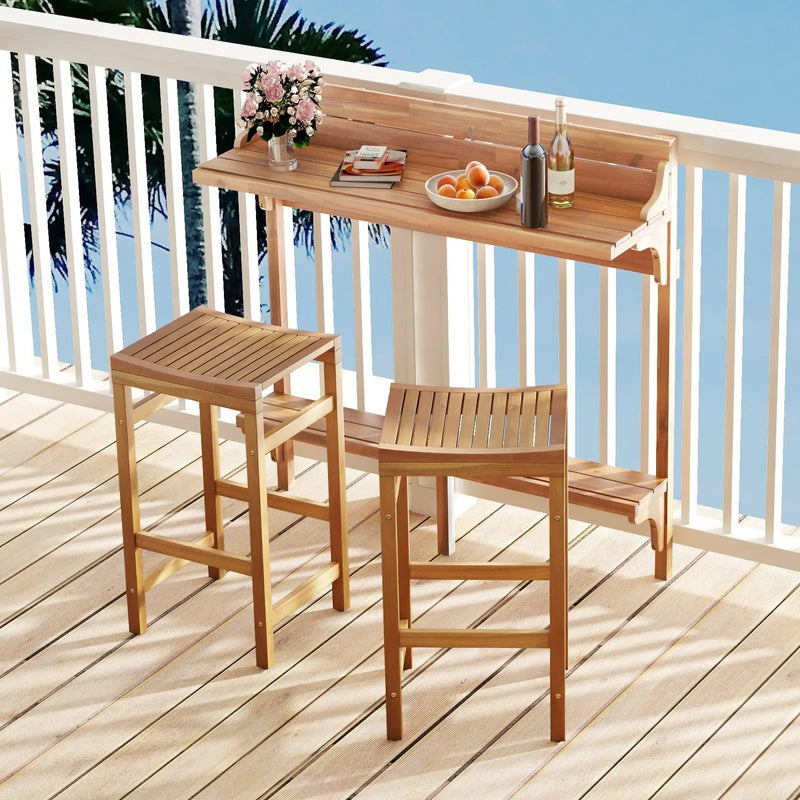 3 Pieces Patio Acacia Wood Bar Table Set with Footrest Curved Wood Seat by DirectDeals