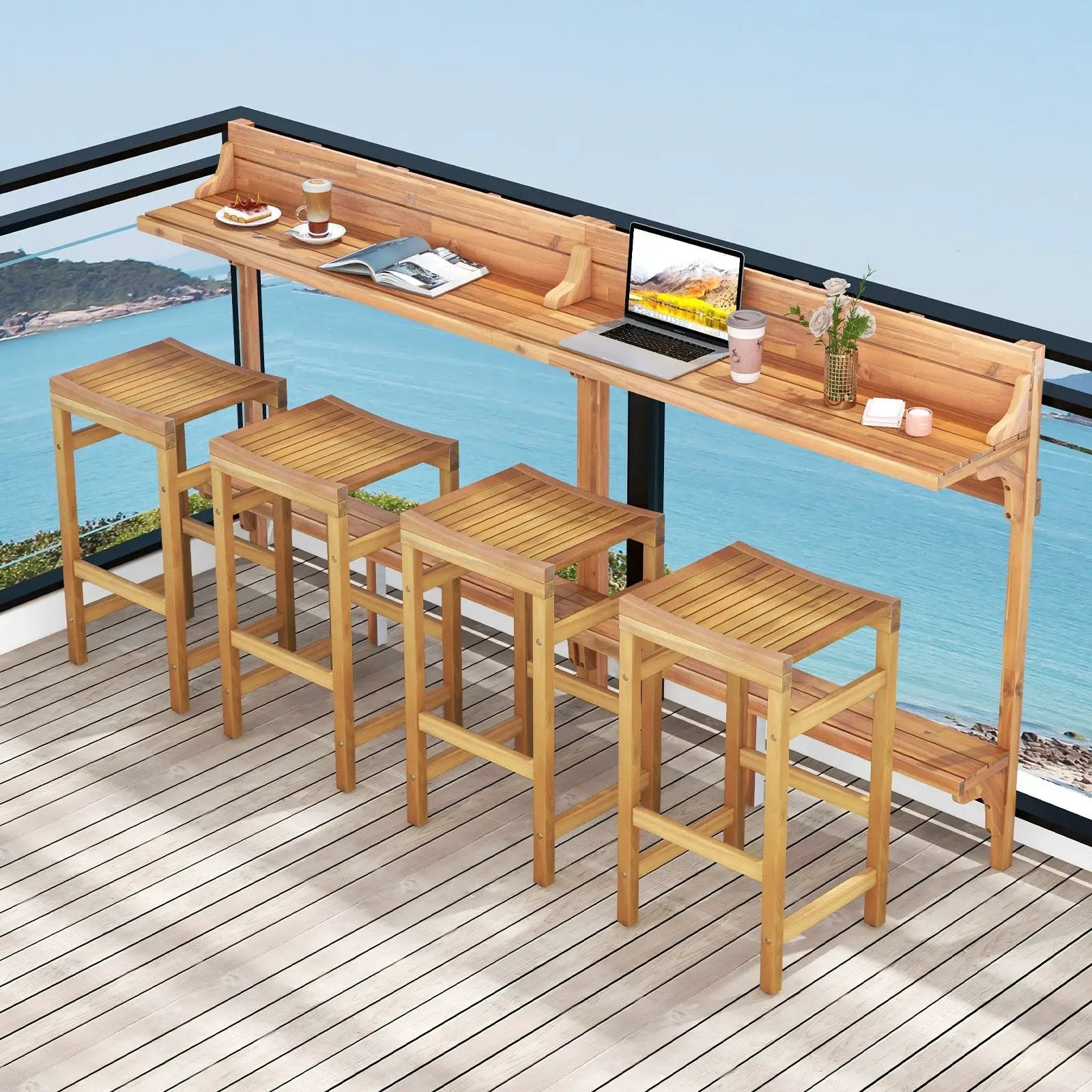 3 Pieces Patio Acacia Wood Bar Table Set with Footrest Curved Wood Seat by DirectDeals