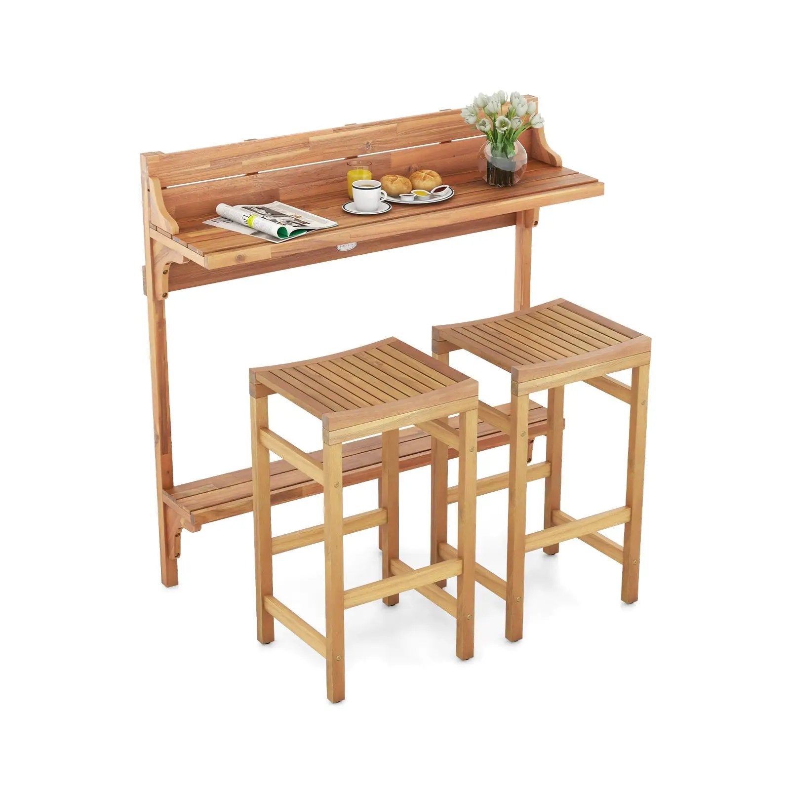 3 Pieces Patio Acacia Wood Bar Table Set with Footrest Curved Wood Seat by DirectDeals