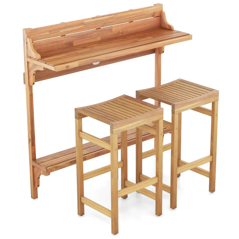 3 Pieces Patio Acacia Wood Bar Table Set with Footrest Curved Wood Seat by DirectDeals