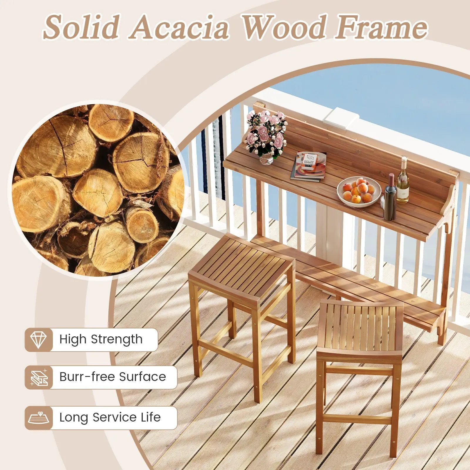 3 Pieces Patio Acacia Wood Bar Table Set with Footrest Curved Wood Seat by DirectDeals