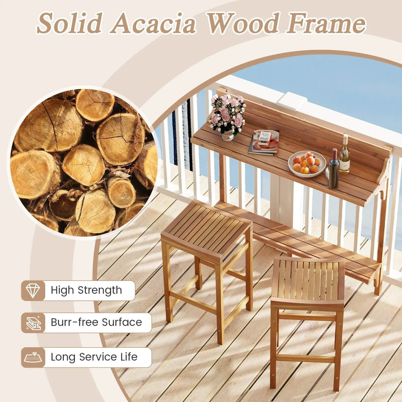 3 Pieces Patio Acacia Wood Bar Table Set with Footrest Curved Wood Seat by DirectDeals