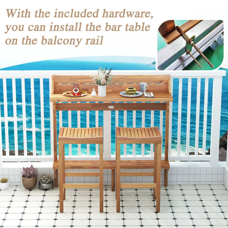 3 Pieces Patio Acacia Wood Bar Table Set with Footrest Curved Wood Seat by DirectDeals