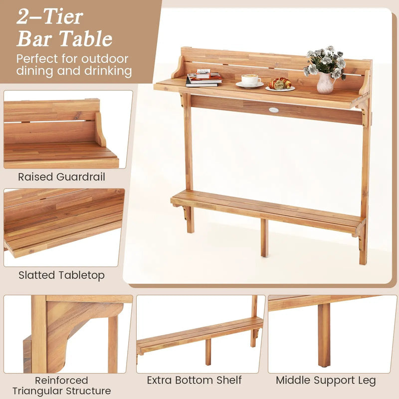 3 Pieces Patio Acacia Wood Bar Table Set with Footrest Curved Wood Seat by DirectDeals