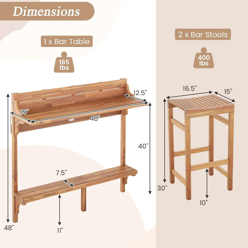 3 Pieces Patio Acacia Wood Bar Table Set with Footrest Curved Wood Seat by DirectDeals