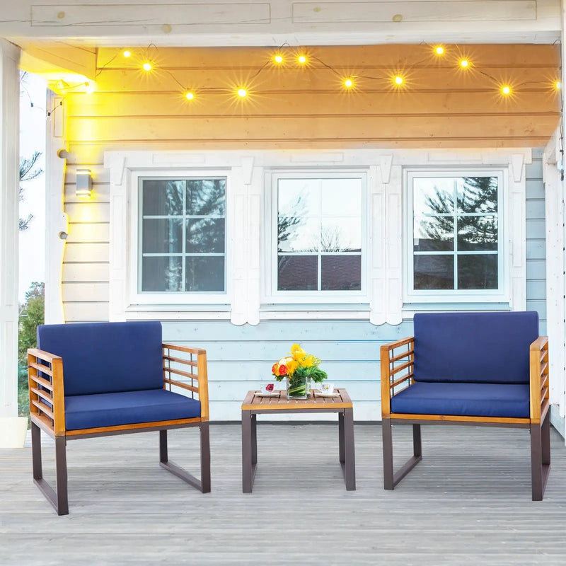 3 Pieces Patio Acacia Wood Conversation Set with Cushioned Armchairs-Navy by DirectDeals