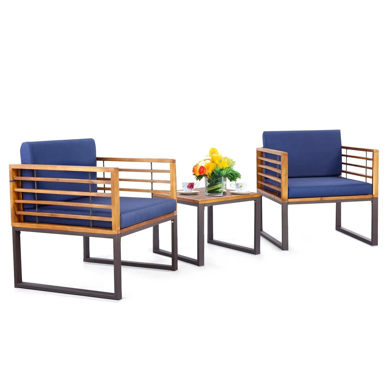 3 Pieces Patio Acacia Wood Conversation Set with Cushioned Armchairs-Navy by DirectDeals