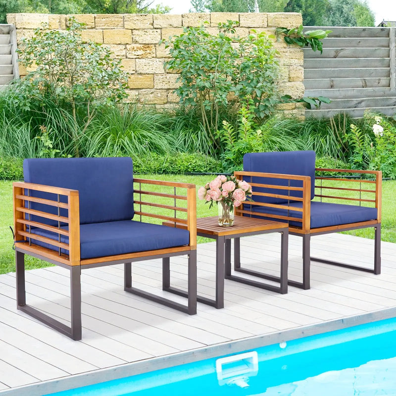 3 Pieces Patio Acacia Wood Conversation Set with Cushioned Armchairs-Navy by DirectDeals
