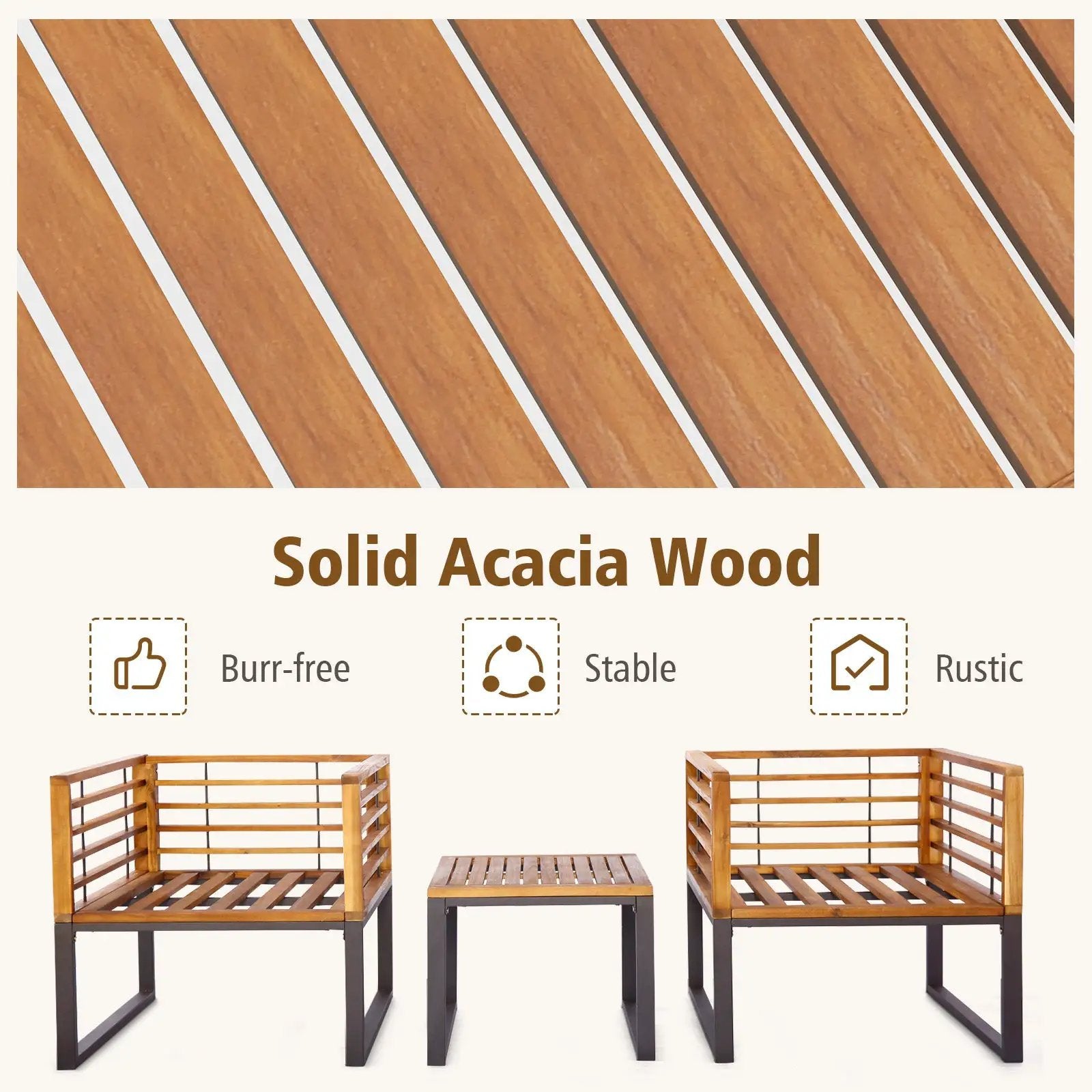 3 Pieces Patio Acacia Wood Conversation Set with Cushioned Armchairs-Navy by DirectDeals