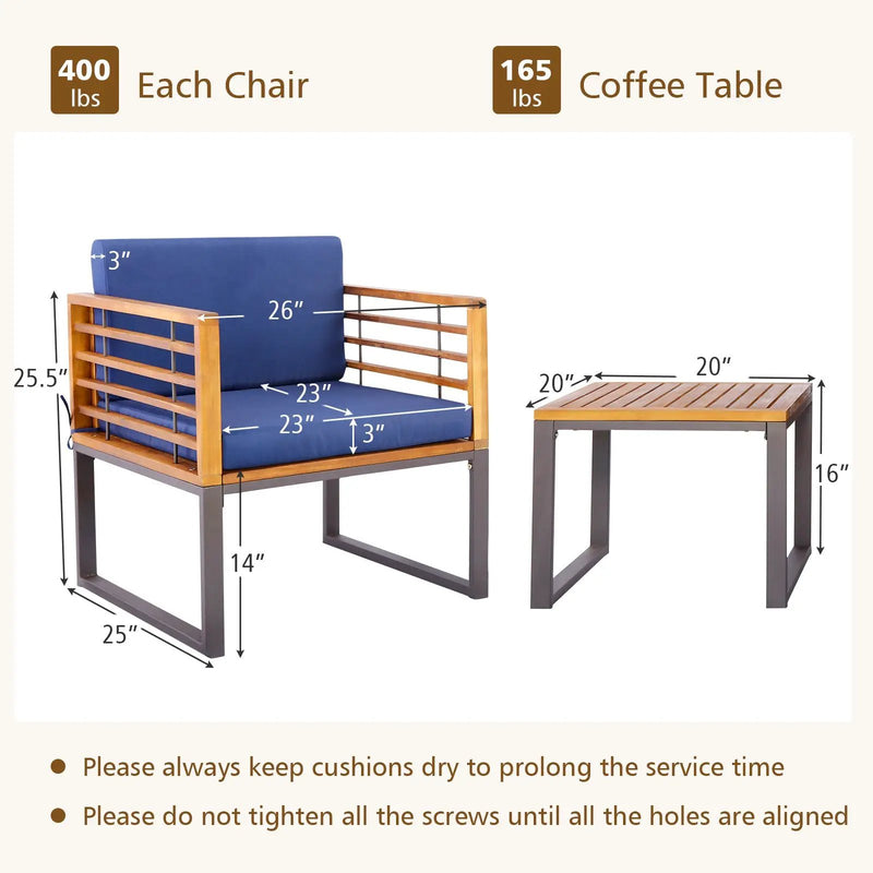 3 Pieces Patio Acacia Wood Conversation Set with Cushioned Armchairs-Navy by DirectDeals