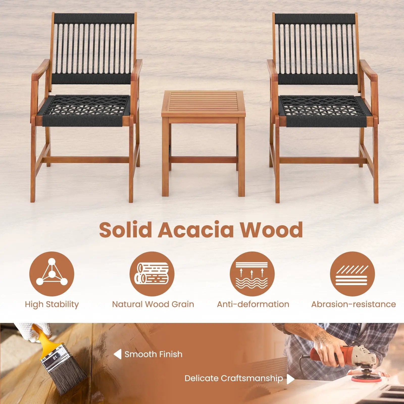 3 Pieces Acacia Wood Patio Furniture Set with Armchairs Coffee Table by DirectDeals