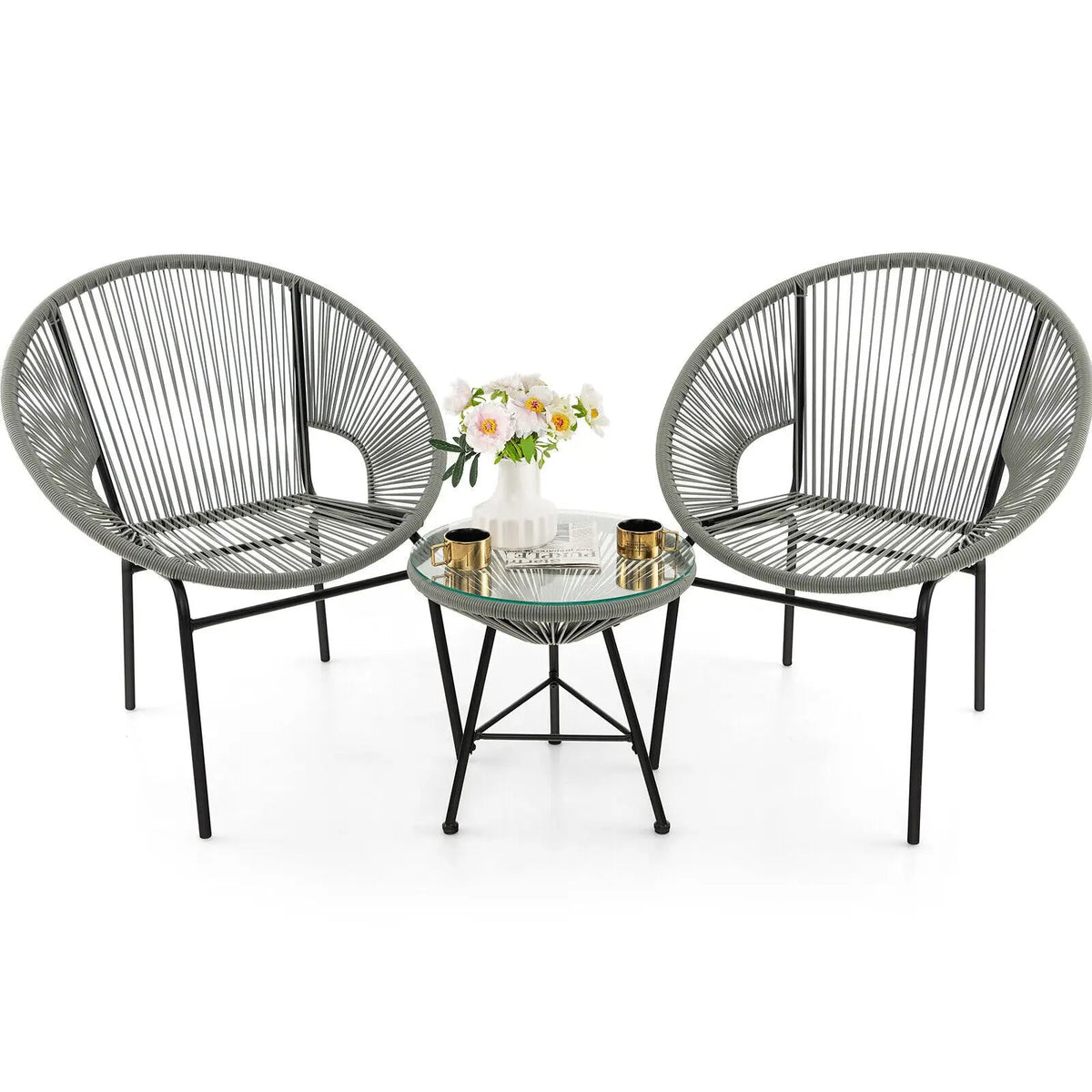 3PCS Patio Acapulco Furniture Bistro Set with GlassTable-Black by DirectDeals