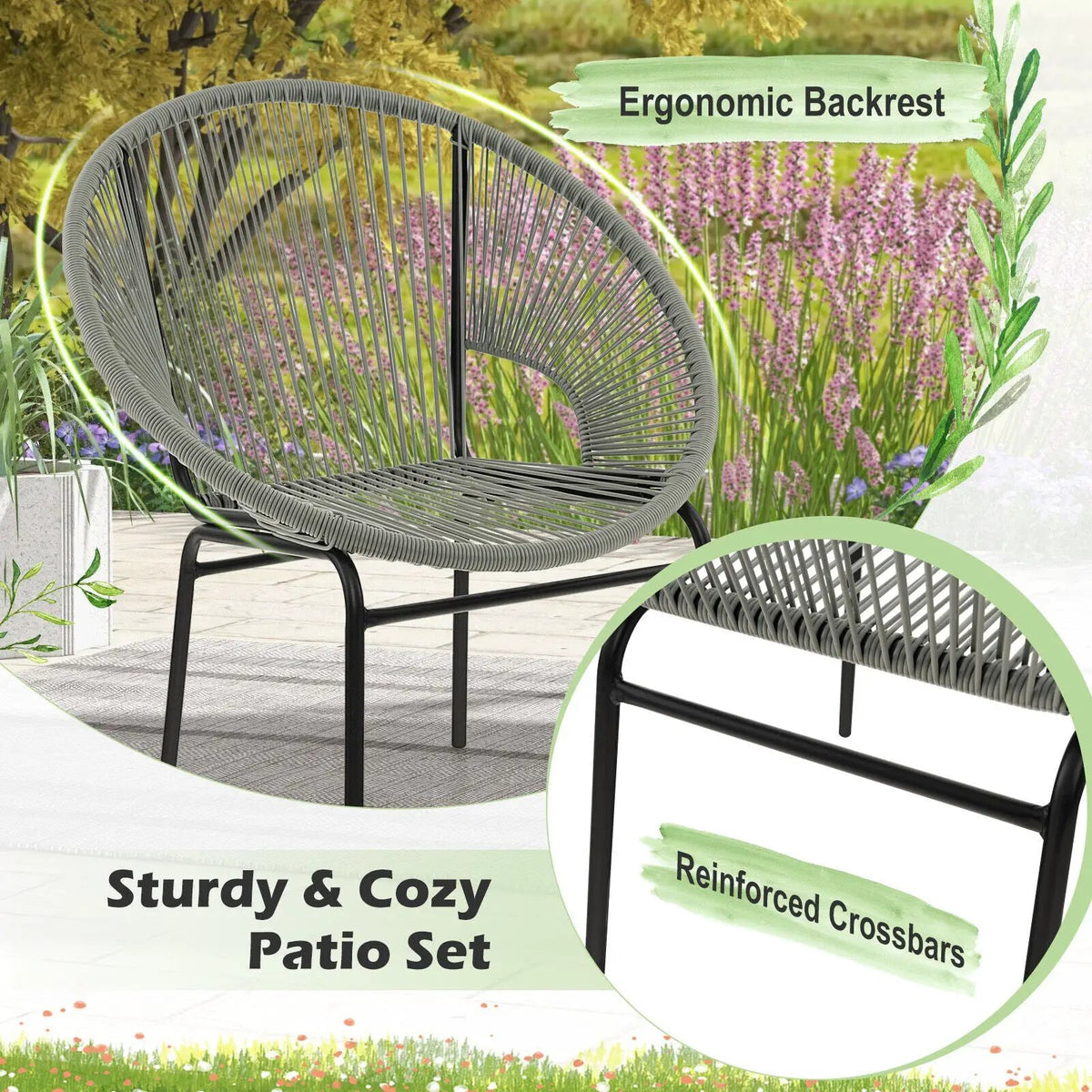 3PCS Patio Acapulco Furniture Bistro Set with GlassTable-Black by DirectDeals