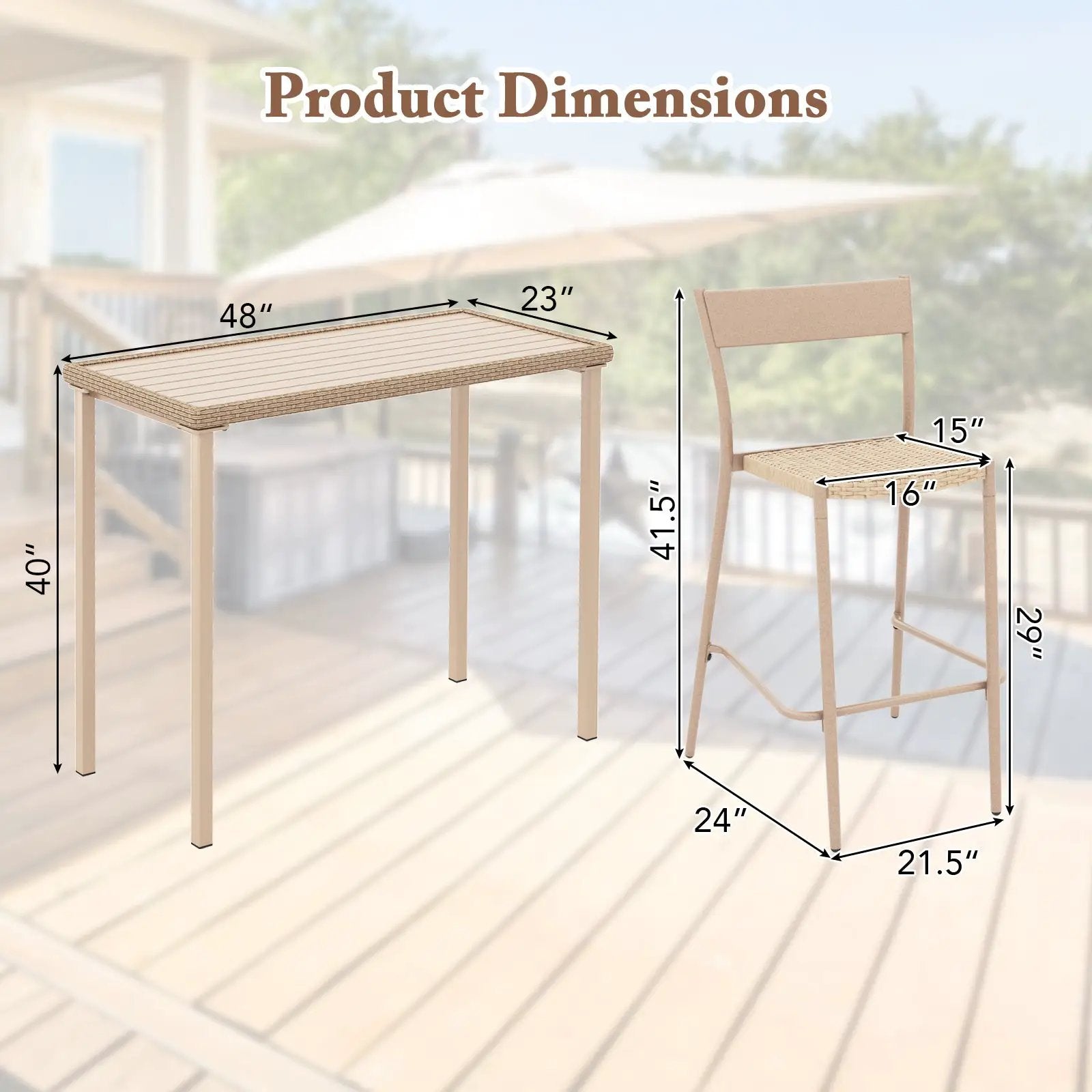 3 Pieces Patio Bar Table Set with Height Table and 2 Armless Chairs by DirectDeals