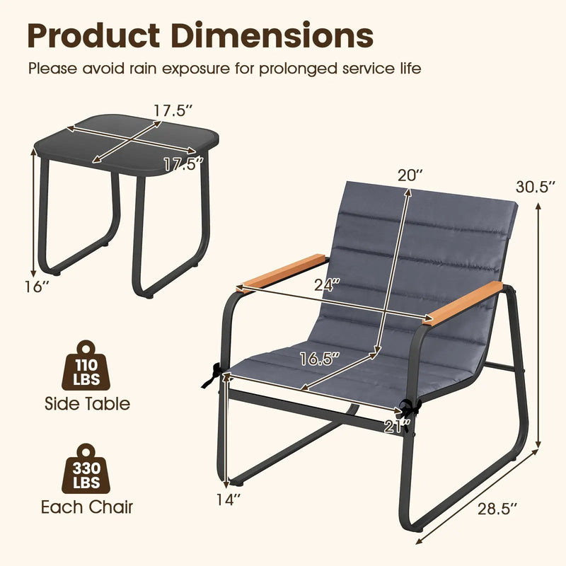 3 Pieces Patio Bistro Set Outdoor Fabric Conversation Set-Gray by DirectDeals