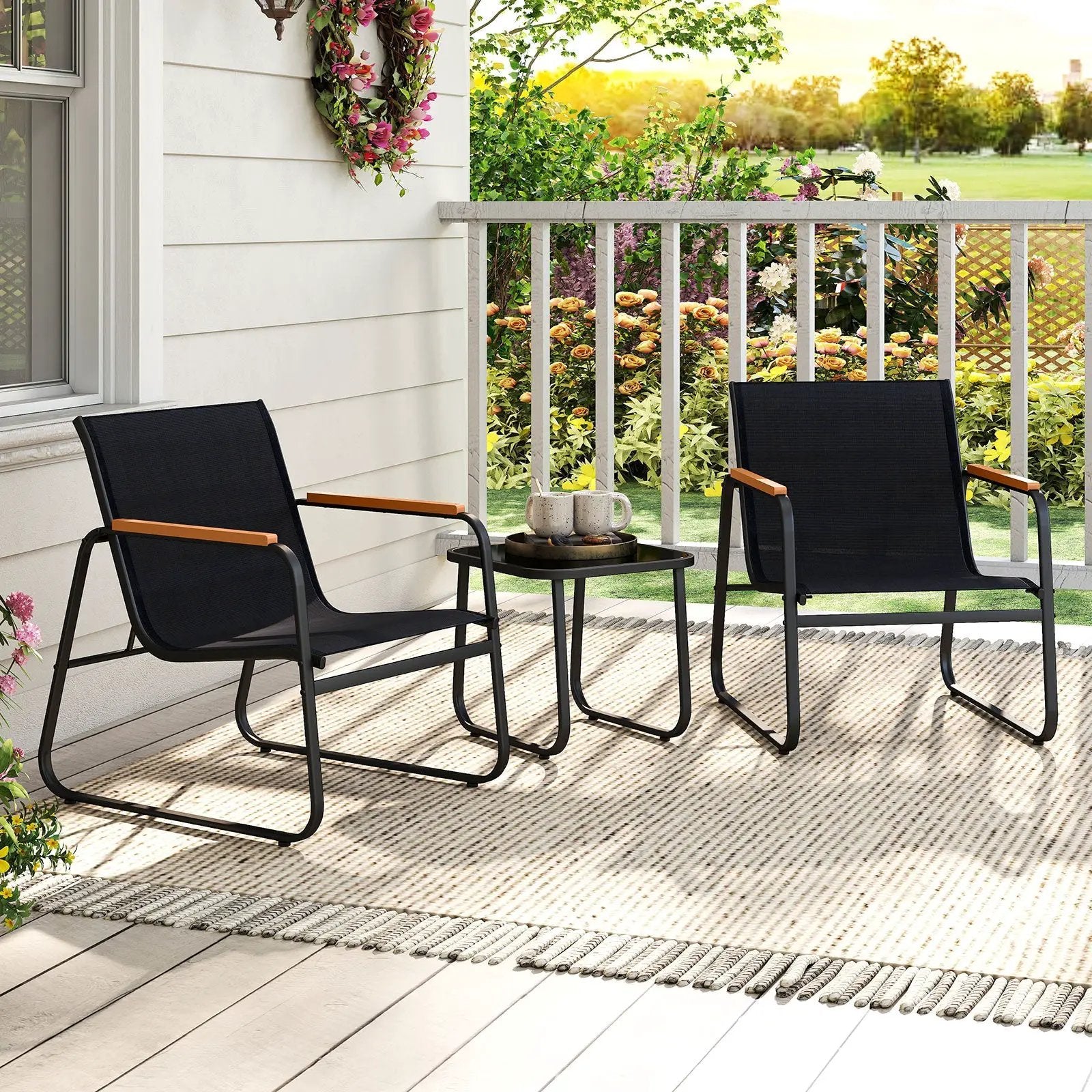 3 Pieces Patio Bistro Set Outdoor Fabric Conversation Set-Gray by DirectDeals