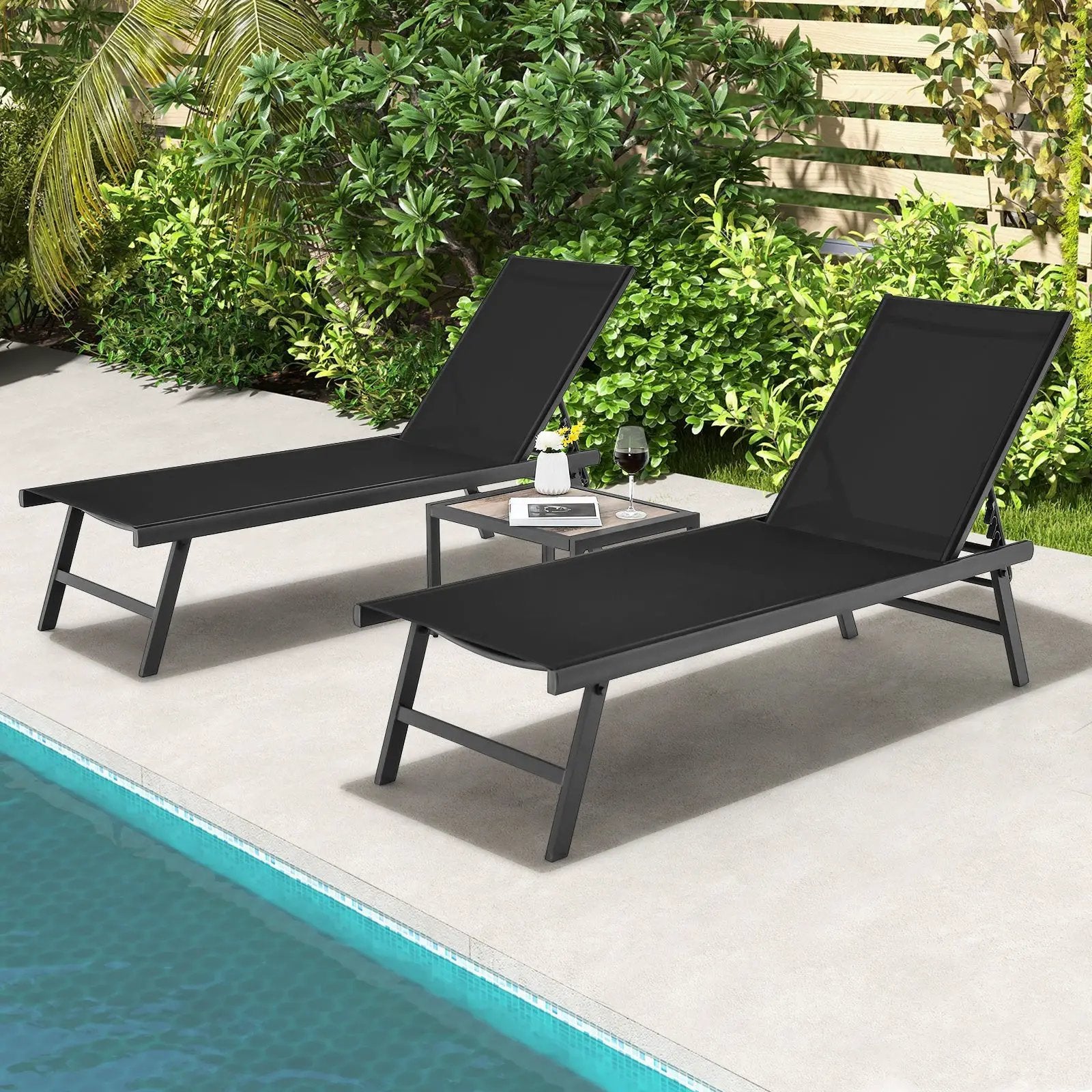 3 Pieces Patio Chaise Lounge Chair and Table Set for Poolside Yard by DirectDeals