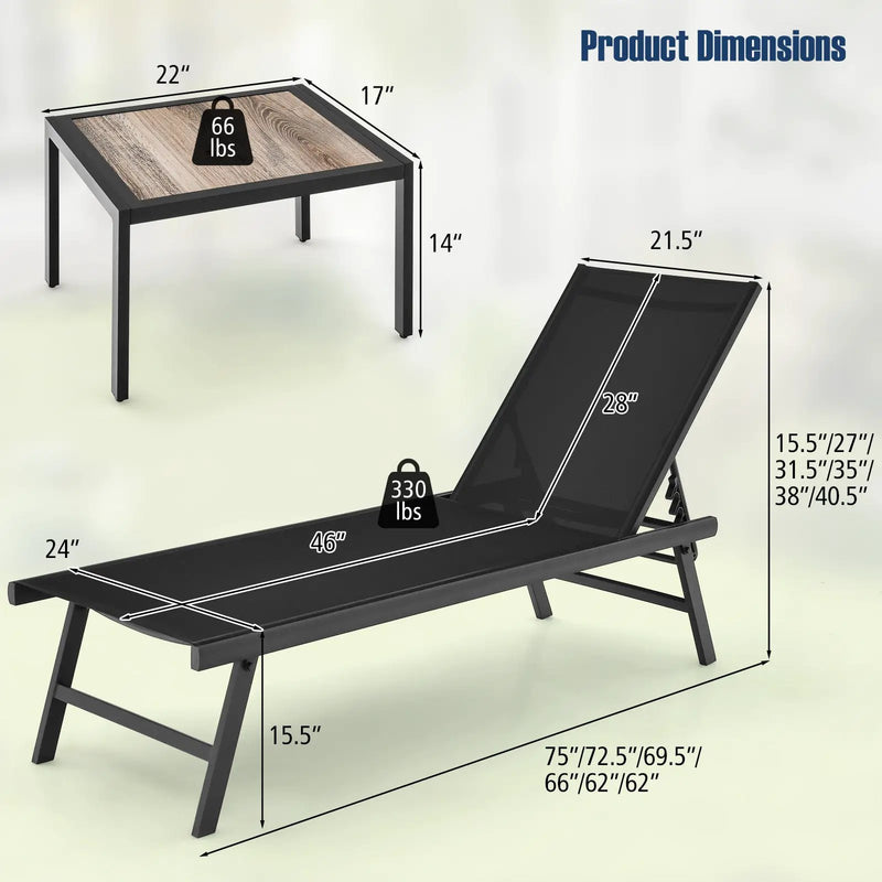 3 Pieces Patio Chaise Lounge Chair and Table Set for Poolside Yard by DirectDeals