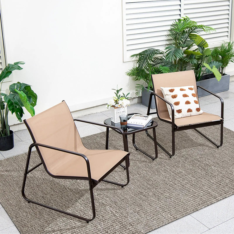 3 Pieces Patio Conversation Set with Breathable Fabric and Tabletop-Brown by DirectDeals