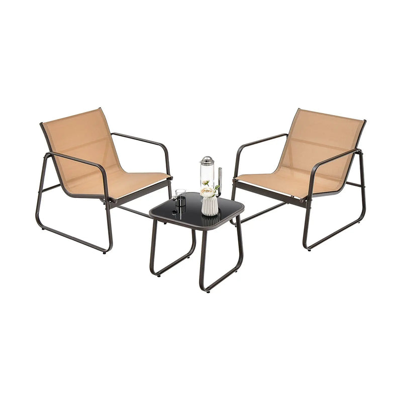 3 Pieces Patio Conversation Set with Breathable Fabric and Tabletop-Brown by DirectDeals