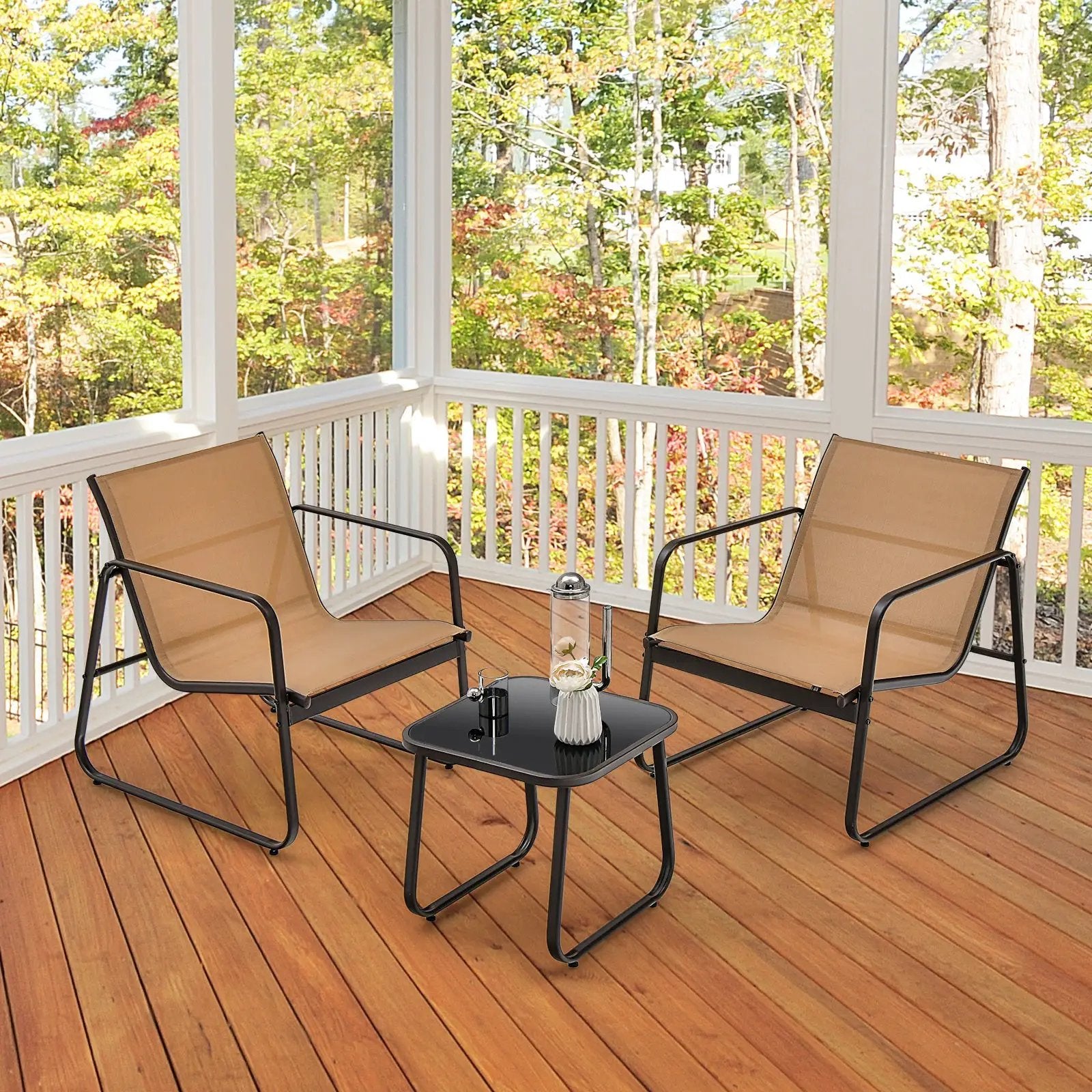 3 Pieces Patio Conversation Set with Breathable Fabric and Tabletop-Brown by DirectDeals