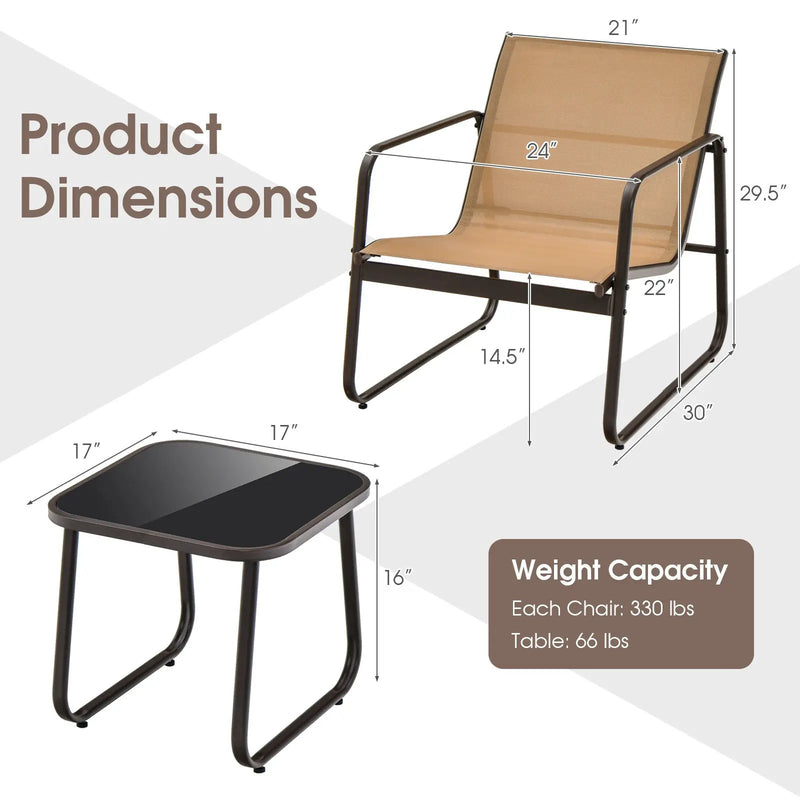 3 Pieces Patio Conversation Set with Breathable Fabric and Tabletop-Brown by DirectDeals