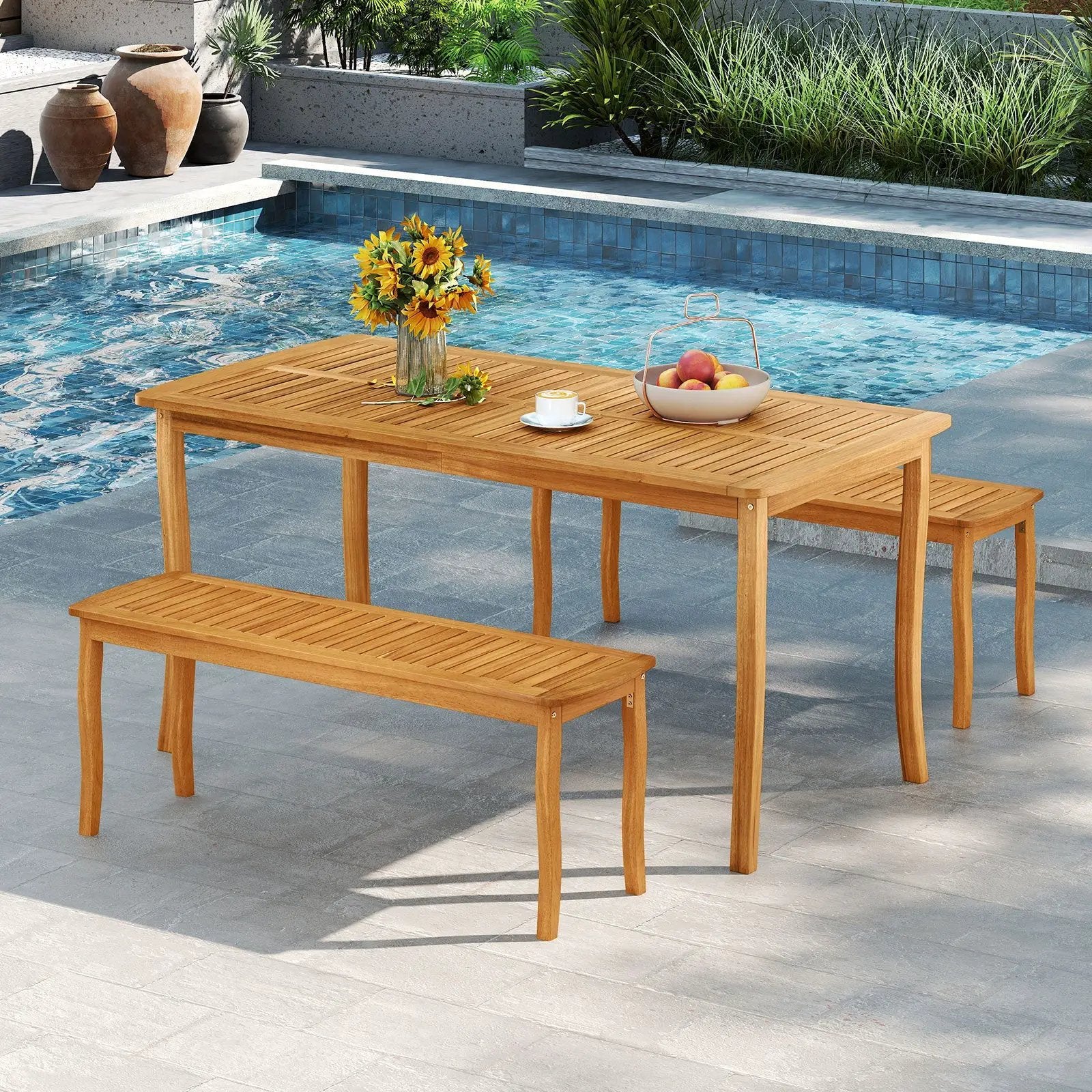 3 Pieces Patio Dining Set with Acacia Wood Outdoor Table and Benches by DirectDeals