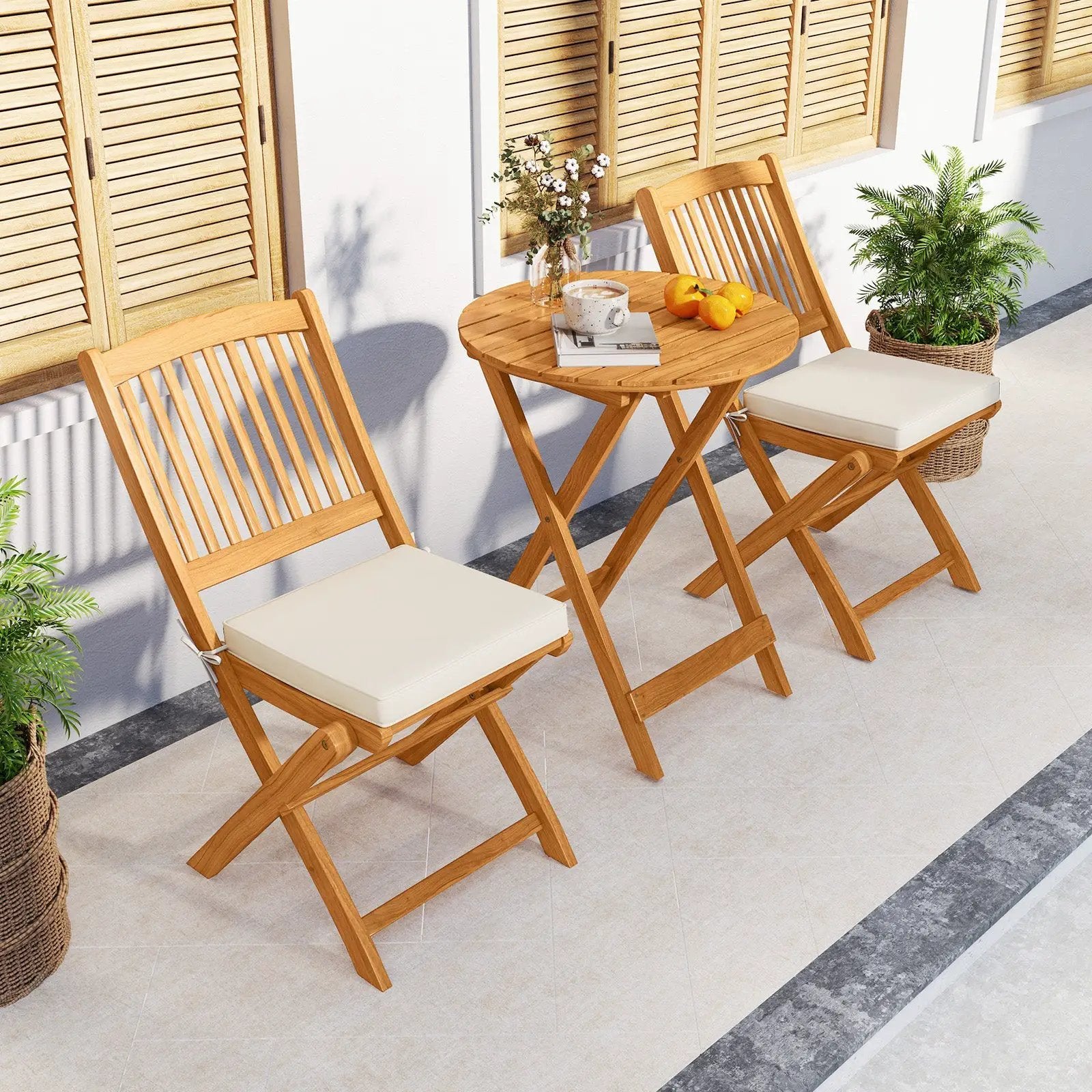 3 Pieces Acacia Wood Patio Folding Bistro Set with Soft Cushions by DirectDeals