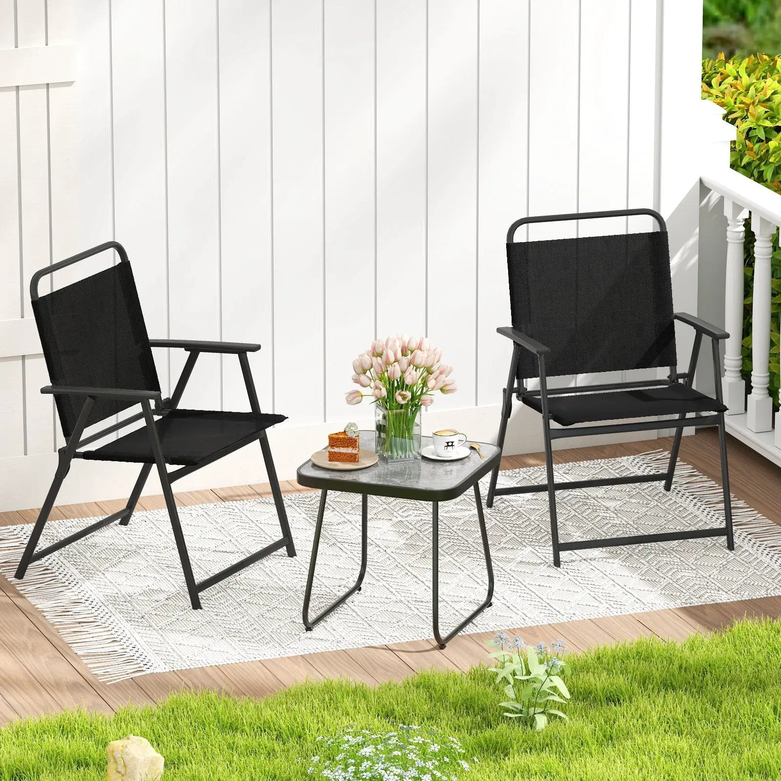 3 Pieces Patio Folding Conversation Chairs and Table-Black by DirectDeals