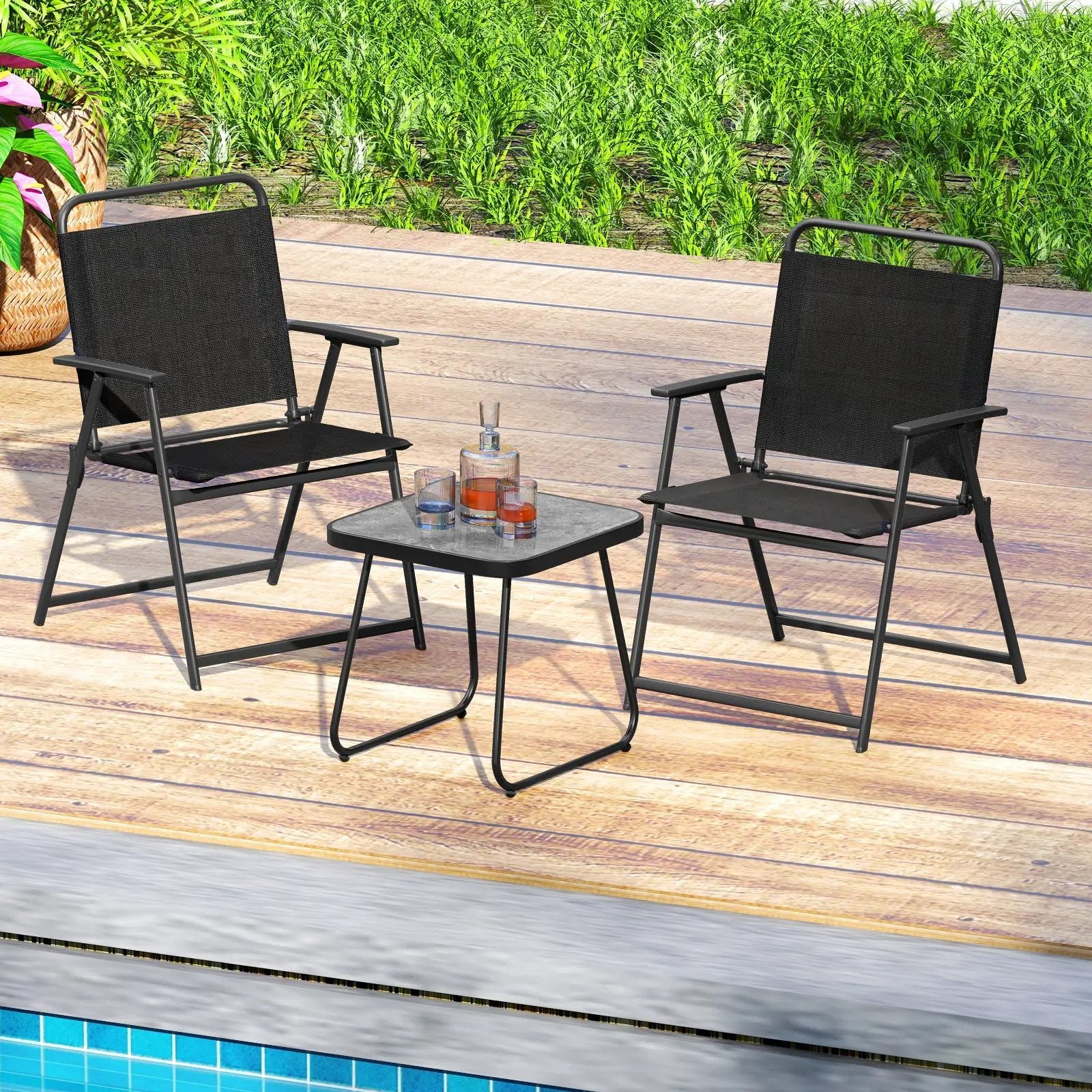 3 Pieces Patio Folding Conversation Chairs and Table-Black by DirectDeals
