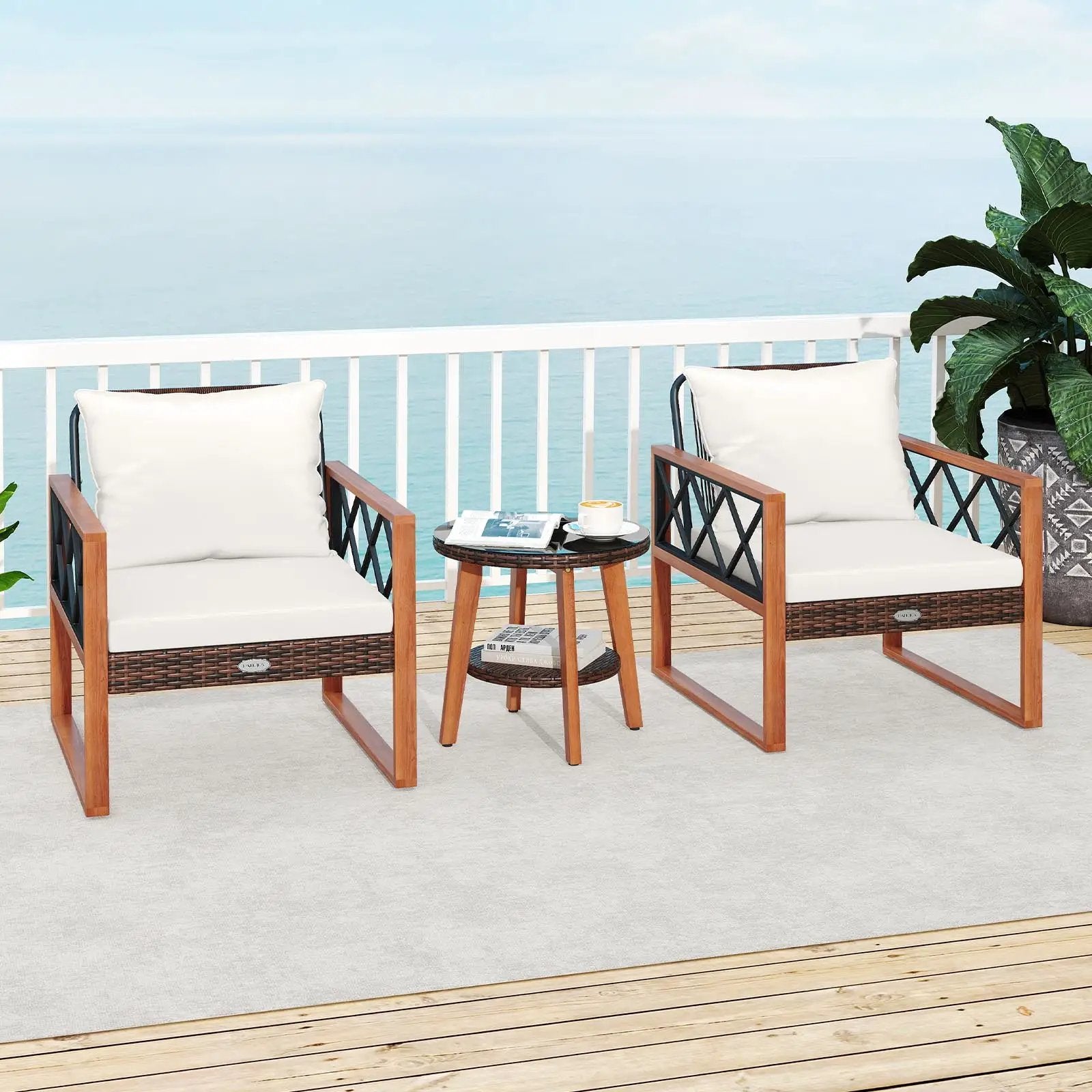 3 Pieces Patio Furniture Set with Tempered Glass Top Table and Soft Cushions-Off White by DirectDeals