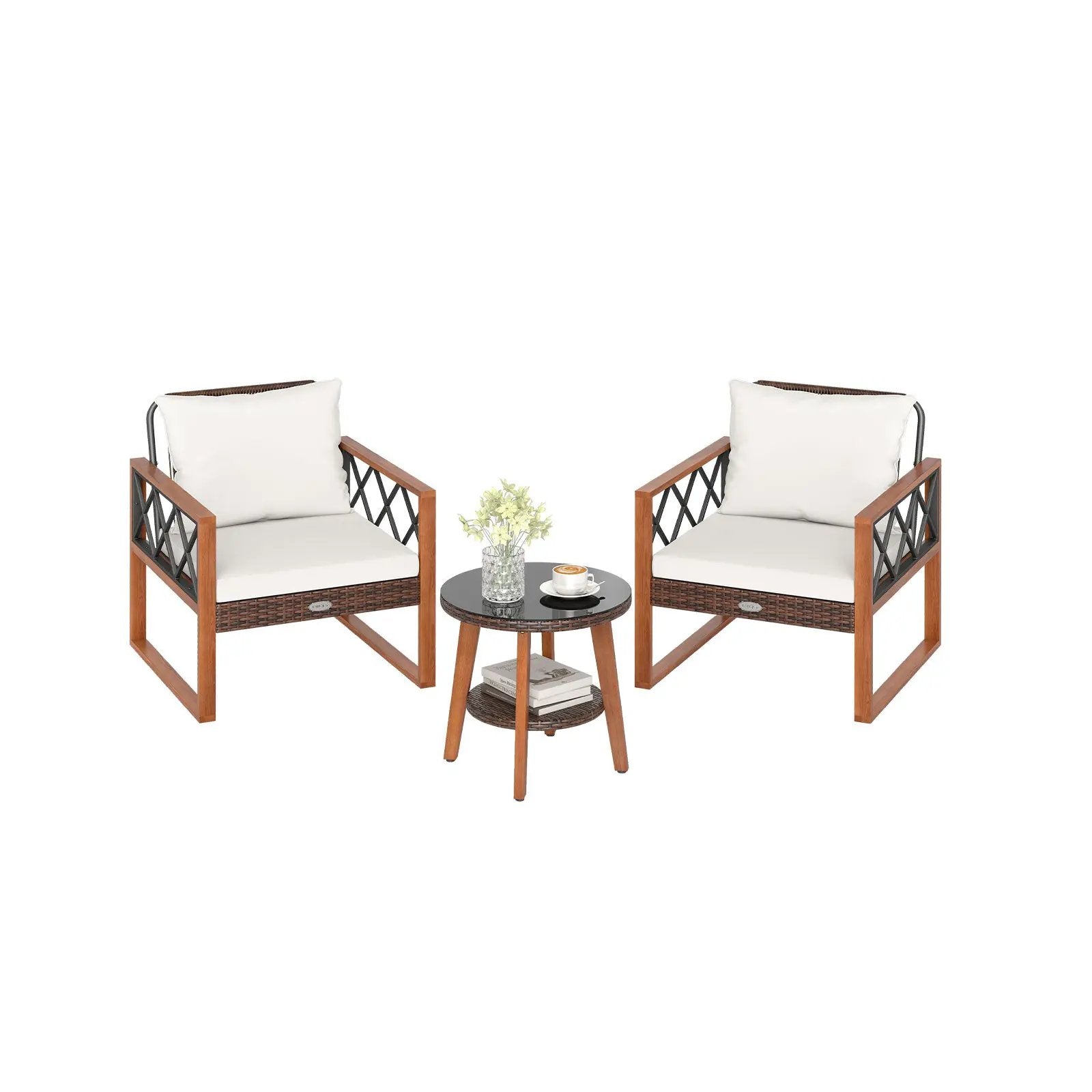 3 Pieces Patio Furniture Set with Tempered Glass Top Table and Soft Cushions-Off White by DirectDeals