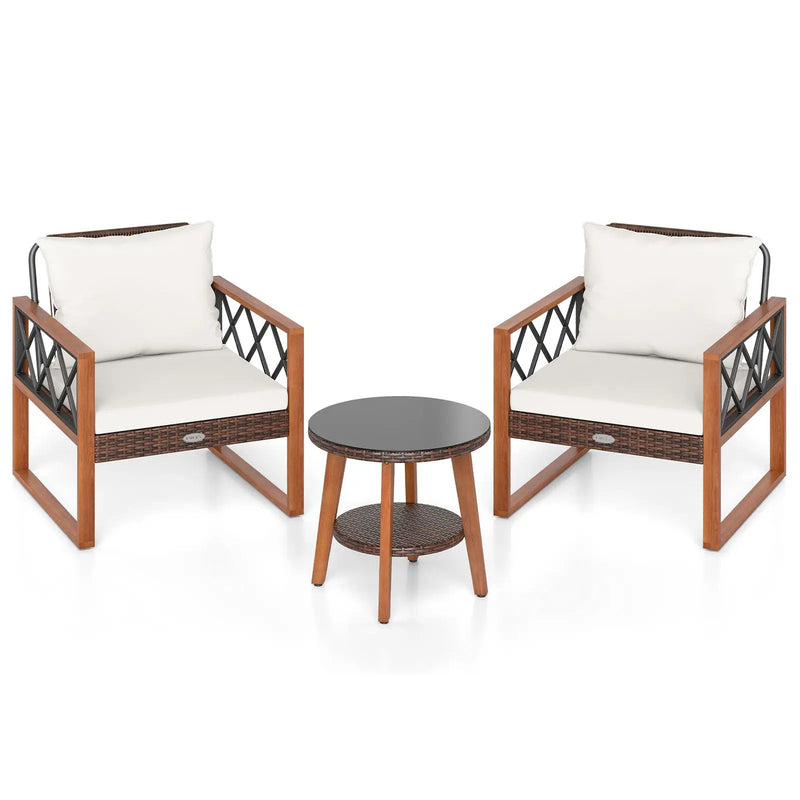 3 Pieces Patio Furniture Set with Tempered Glass Top Table and Soft Cushions-Off White by DirectDeals