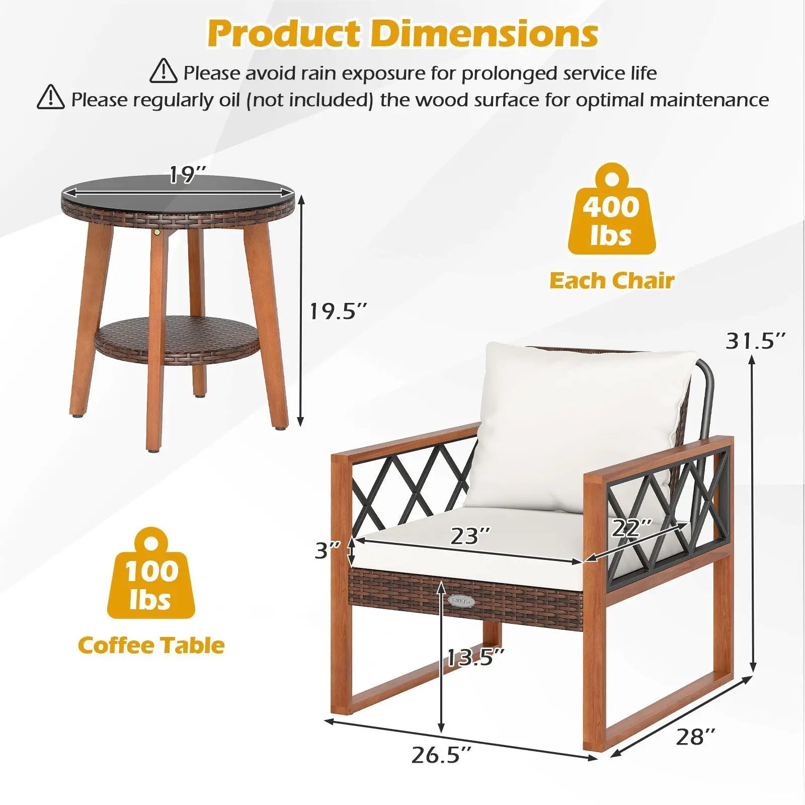 3 Pieces Patio Furniture Set with Tempered Glass Top Table and Soft Cushions-Off White by DirectDeals