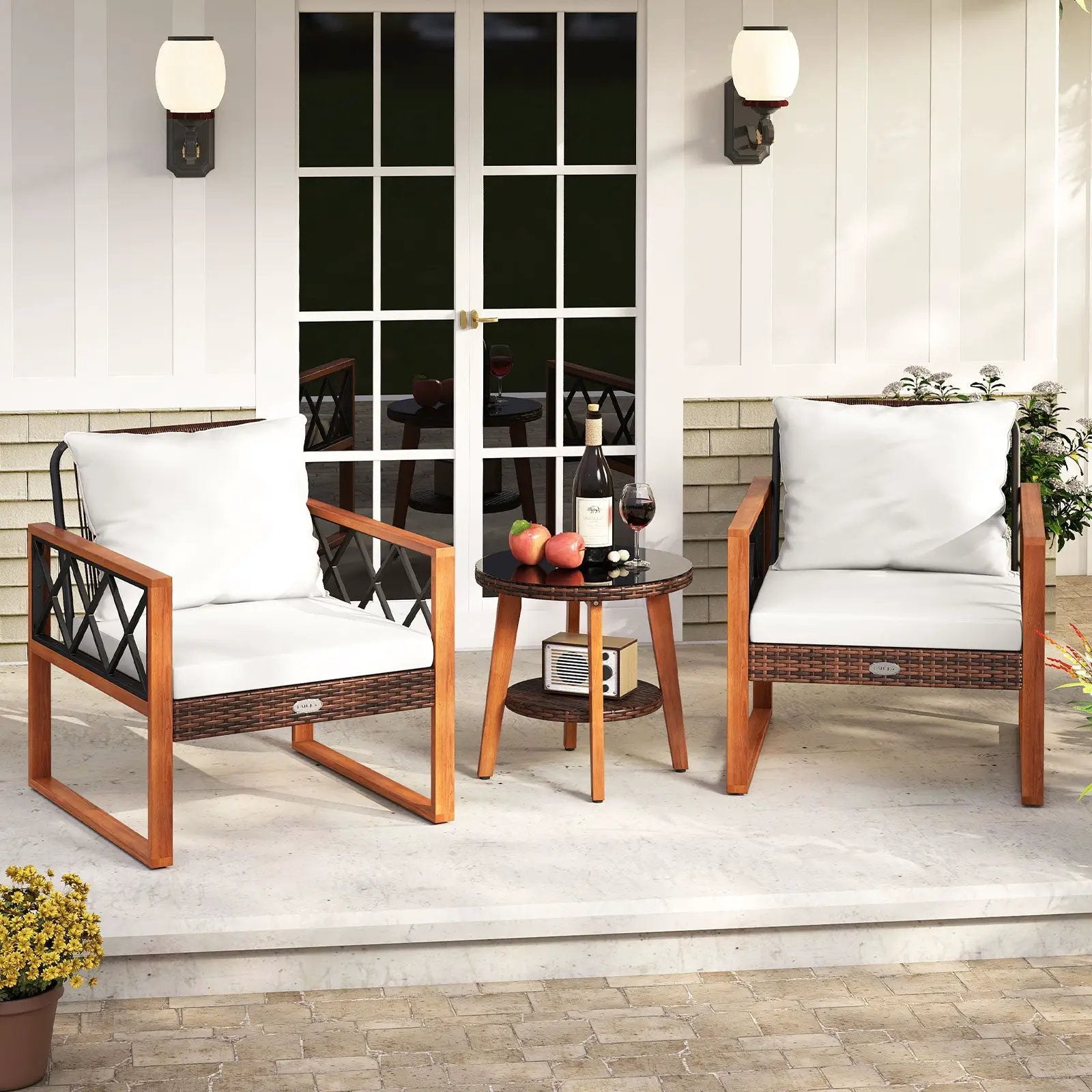3 Pieces Patio Furniture Set with Tempered Glass Top Table and Soft Cushions-Off White by DirectDeals