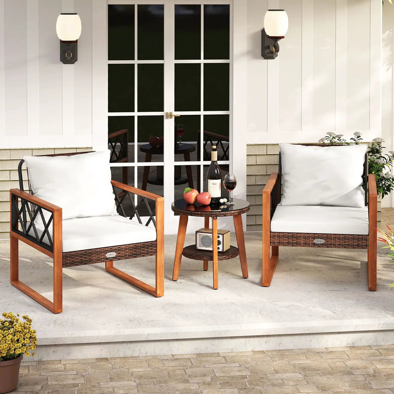 3 Pieces Patio Furniture Set with Tempered Glass Top Table and Soft Cushions-Off White by DirectDeals