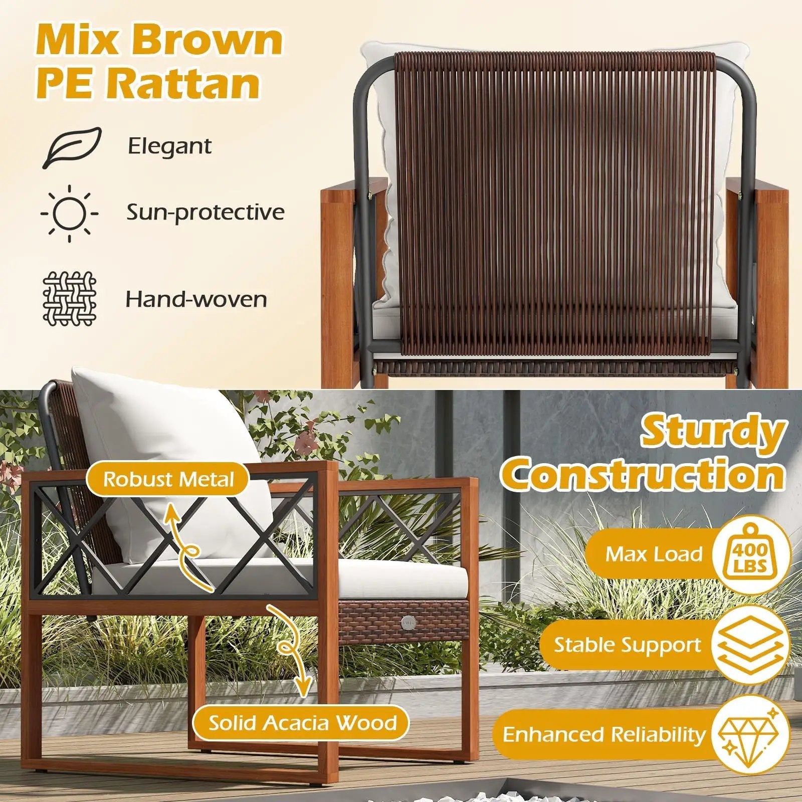 3 Pieces Patio Furniture Set with Tempered Glass Top Table and Soft Cushions-Off White by DirectDeals
