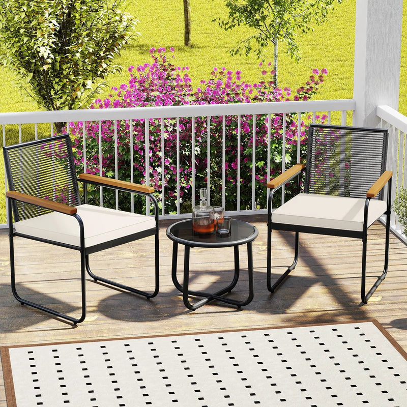 3 Pieces Patio Furniture Set PE Rattan Porch Chairs with Round Tempered Glass Top Table-White by DirectDeals