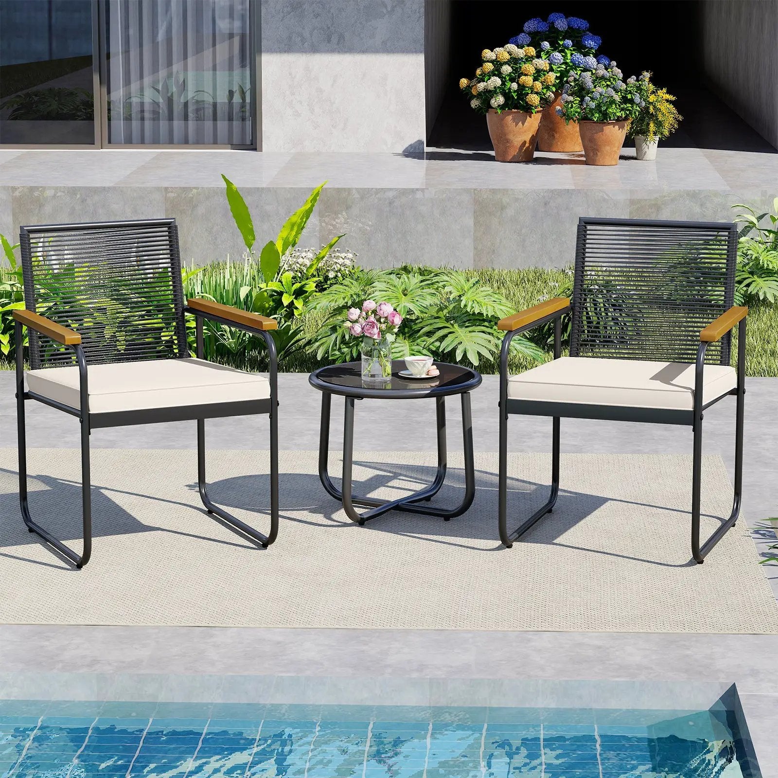 3 Pieces Patio Furniture Set PE Rattan Porch Chairs with Round Tempered Glass Top Table-White by DirectDeals