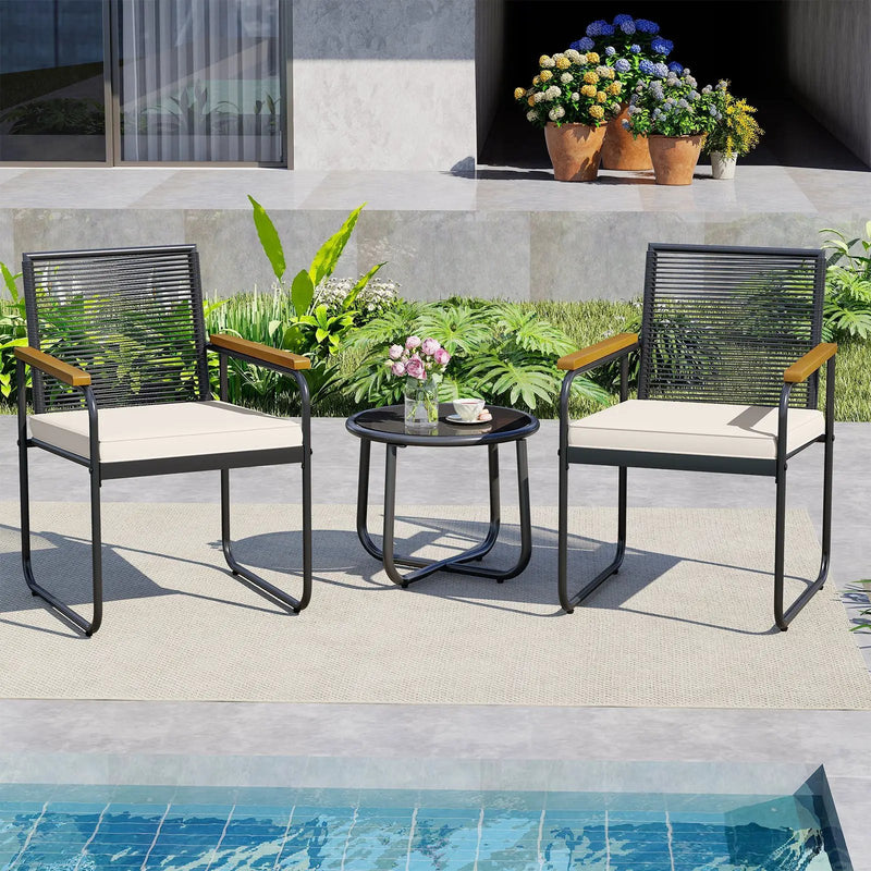 3 Pieces Patio Furniture Set PE Rattan Porch Chairs with Round Tempered Glass Top Table-White by DirectDeals