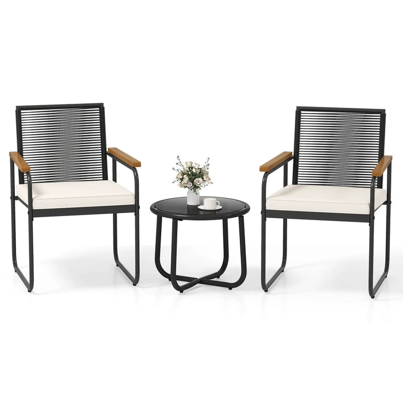 3 Pieces Patio Furniture Set PE Rattan Porch Chairs with Round Tempered Glass Top Table-White by DirectDeals