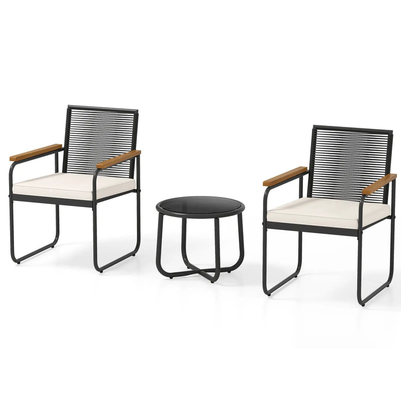 3 Pieces Patio Furniture Set PE Rattan Porch Chairs with Round Tempered Glass Top Table-White by DirectDeals